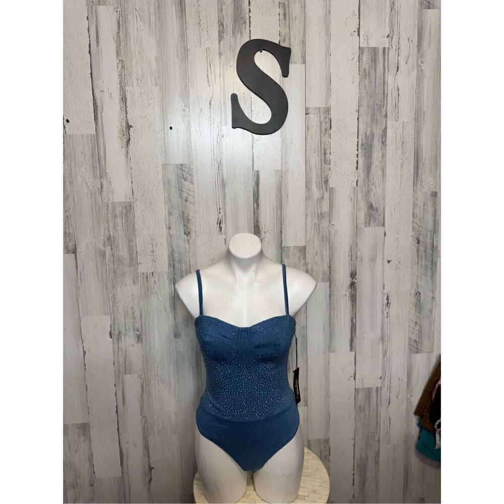 Haute Monde denim rhinestone bodysuit